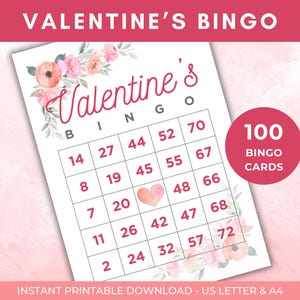 100 Valentinstag Bingo Karten, Valentinstag, Valentinstag Party Spiel, Valentinstag Zahlen Bingo, 1, 2 und 4 pro Seite