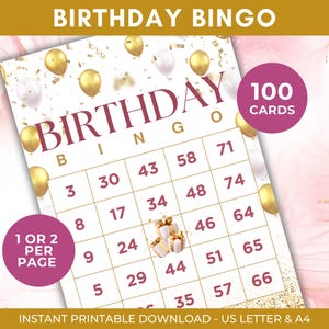 100 Birthday Bingo Cards, Printable Gold Pink Birthday Bingo, Birthday Activity, Birthday Party Game, Birthday Number Bingo, A4, US Letter