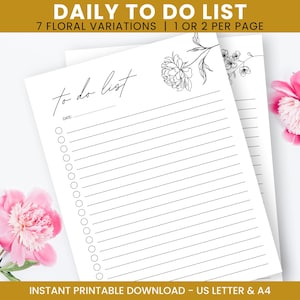 Floral To Do List Printable, Line Drawn Flowers To Do List Minimal Design Task Tracker Productivity Tool, PDF, A4, US Letter