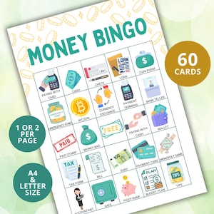 60 Cartones de Bingo de Dinero, Bingo Financiero, Enseña Dinero a los Niños, Bingo con Imágenes Bancarias, Bingo Imprimible para Aprender Dinero, Actividad de Educación Financiera