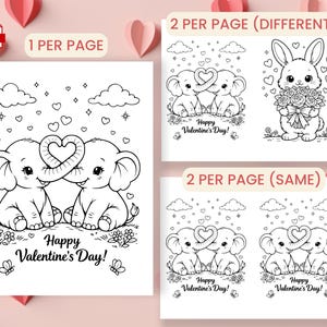 May include: Black and white Valentine's Day coloring pages featuring elephants with heart-shaped trunks, a bunny with flowers, and the text "Happy Valentine's Day!" The pages are available in different formats, including one or two per page.