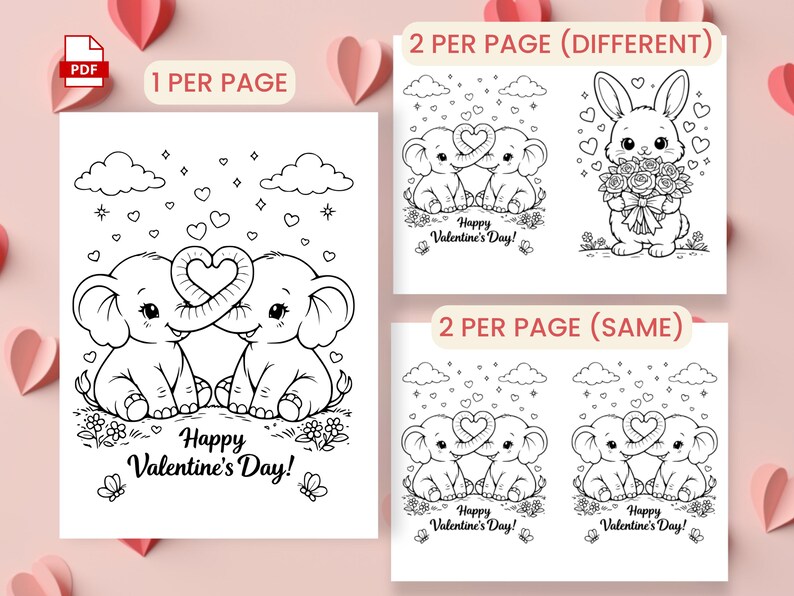 May include: Black and white Valentine's Day coloring pages featuring elephants with heart-shaped trunks, a bunny with flowers, and the text "Happy Valentine's Day!" The pages are available in different formats, including one or two per page.