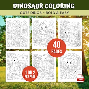 May include: A digital coloring book titled DINOSAUR COLORING CUTE DINOS - BOLD & EASY featuring 40 pages of black and white line art illustrations of various dinosaurs in different settings, including a party, a teacup, and a forest landscape.
