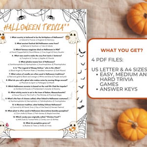 May include: Halloween trivia game with questions and answers, featuring a spooky design with ghosts and spiderwebs. Includes four PDF files in US Letter and A4 sizes with easy, medium, and hard trivia games and answer keys.