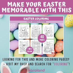 Peut inclure: Un livre de coloriage sur le th&egrave;me de P&acirc;ques avec des illustrations d'animaux mignons, dont un renard, un lapin, une souris, un koala et un &eacute;cureuil. La couverture indique "Coloriage de P&acirc;ques, &Eacute;dition Animaux Mignons" avec 40 pages.