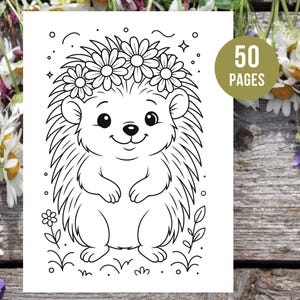 Peut inclure: Illustration en noir et blanc d'un h&eacute;risson souriant portant une couronne de marguerites. L'image est une page &agrave; colorier avec le texte "50 PAGES" dans un cercle vert. Le h&eacute;risson est entour&eacute; de fleurs et de verdure.