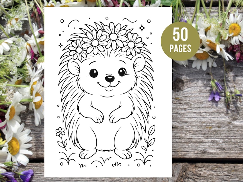 Peut inclure: Illustration en noir et blanc d'un h&eacute;risson souriant portant une couronne de marguerites. L'image est une page &agrave; colorier avec le texte "50 PAGES" dans un cercle vert. Le h&eacute;risson est entour&eacute; de fleurs et de verdure.