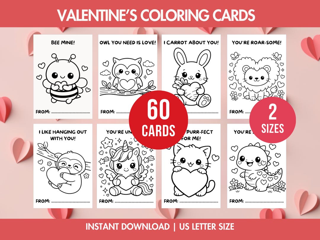Valentines Coloring Cards, Printable Valentines Day Cards, Kids ...