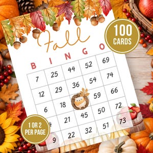 May include: A Fall Bingo game card featuring a grid of numbers, decorated with watercolor autumn leaves and acorns. The text reads Fall BINGO, 100 CARDS, and 1 OR 2 PER PAGE. A small illustration of a hedgehog in a nest sits in the center square.