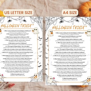 May include: Two Halloween Trivia game sheets, one US Letter size and one A4 size, with a white background and black spiderwebs, bats, and ghost illustrations. The text "Halloween Trivia" is at the top. The trivia questions are in black font.