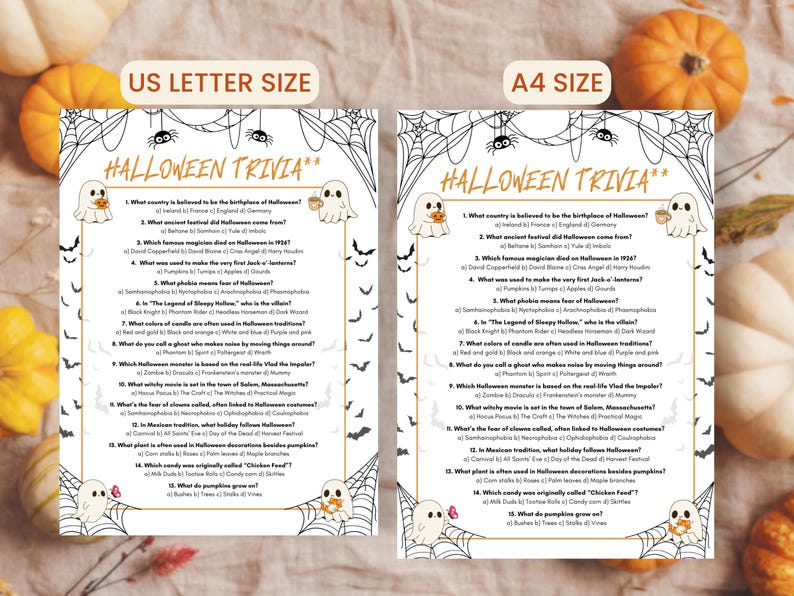 May include: Two Halloween Trivia game sheets, one US Letter size and one A4 size, with a white background and black spiderwebs, bats, and ghost illustrations. The text "Halloween Trivia" is at the top. The trivia questions are in black font.