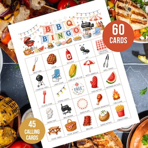 Puede incluir: Una hoja de juego de Bingo de barbacoa con una cuadrícula de ilustraciones que incluye un filete, kétchup, una hormiga, pinzas de parrilla, parrilla de carbón, silla de jardín, mazorca de maíz, sombrilla, sandía, guante de horno y una llama.