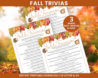 Fall Trivia Game, Printable Fall Quiz, Autumn Trivia Questions, Kids Adults Trivia, Fall Activity, A4, US letter