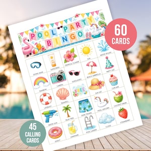 Könnte beinhalten: Ein Pool Party Bingo Spielblatt mit bunten Illustrationen von Sommerartikeln wie einer Taucherbrille, Kamera, Regenbogen, Rettungsring, Wasserpistole, Donut, Limonade, Poolleiter, Wolke, Erdbeere, Kokosnussgetränk, Pool-Einhorn und Badehose.