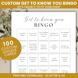 Custom Get to Know You Bingo Cards, Personalized Icebreaker Bingo, Guest Find Someone Who Game, Team Building Activity Party, Printable PDF