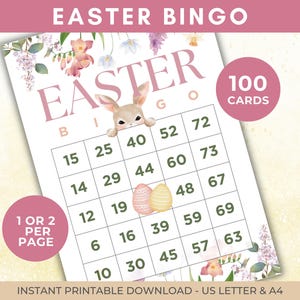 100 tarjetas de bingo de Pascua, bingo de Pascua imprimible, actividad de Pascua, juego de fiesta de Pascua para niños, bingo de números de Pascua, bingo de primavera, tamaño A4, tamaño carta de EE. UU.