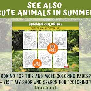 Peut inclure: Couverture de livre de coloriage num&eacute;rique avec le texte "VOIR AUSSI ANIMAUX MIGNONS EN &Eacute;T&Eacute;" et "COLORIAGE D'&Eacute;T&Eacute; &Eacute;DITION ANIMAUX MIGNONS - #1". La couverture pr&eacute;sente six illustrations en noir et blanc d'animaux mignons en &eacute;t&eacute;. Le livre a 50 pages.
