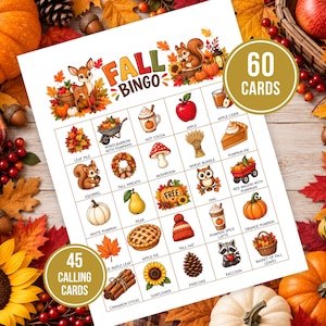 Fall Bingo 60 Cards, Printable Autumn Picture Bingo Game, Fall Party Game for Kids Adults Family, Classroom Bingo