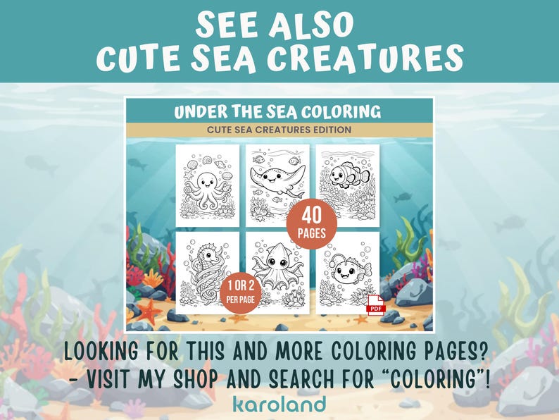 Peut inclure: Un livre de coloriage num&eacute;rique intitul&eacute; "Under the Sea Coloring" avec de jolies cr&eacute;atures marines. La couverture pr&eacute;sente six illustrations en noir et blanc d'animaux marins, dont une pieuvre, une raie et un poisson-clown. Le livre contient 40 pages.