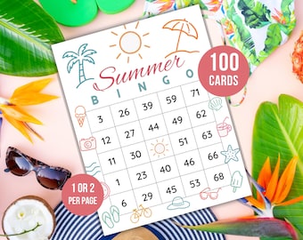May include: A Summer Bingo game card featuring a grid of numbers and summer-themed icons like a sun, palm tree, and ice cream. The card includes text stating 100 CARDS and 1 OR 2 PER PAGE, with a white background and colorful line art illustrations.