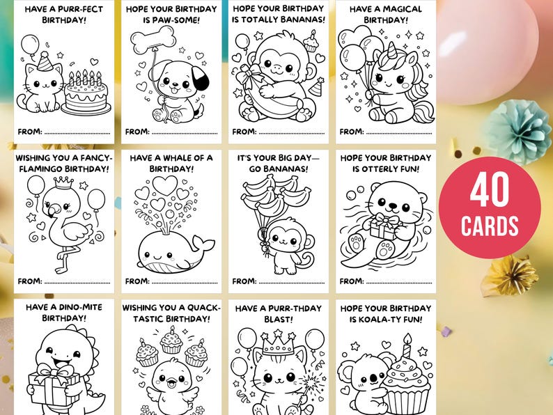 Printable Birthday Coloring Cards for Kids, Kawaii Animal Birthday ...