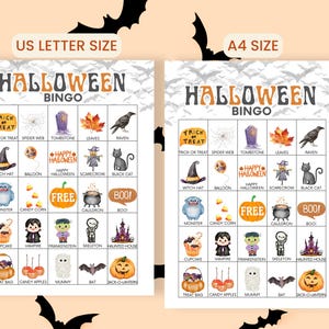 May include: Two Halloween Bingo game sheets, one labeled US Letter Size and one A4 Size. Each grid features colorful illustrations of holiday icons like a black cat, pumpkin, and witch hat, with text labels below each image and the title Halloween Bingo.