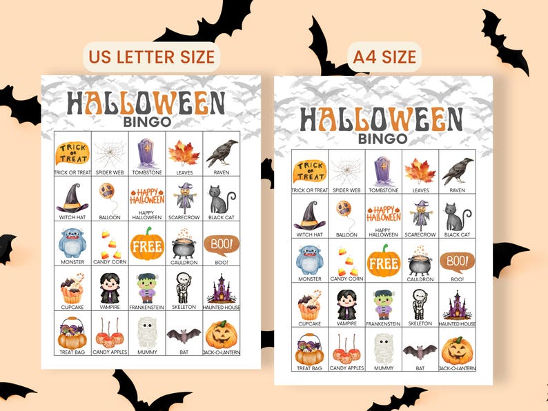 May include: Two Halloween Bingo game sheets, one labeled US Letter Size and one A4 Size. Each grid features colorful illustrations of holiday icons like a black cat, pumpkin, and witch hat, with text labels below each image and the title Halloween Bingo.