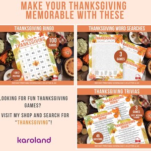 May include: A collection of printable Thanksgiving games including Bingo, word searches, and trivia. The sheets feature autumn leaf graphics, orange headers, and text labels. The set includes 100 bingo cards, 3 word search games, and 3 trivia games with 45 questions total. The text includes 'MAKE YOUR THANKSGIVING MEMORABLE WITH THESE', 'THANKSGIVING BINGO', 'THANKSGIVING WORD SEARCHES', and 'THANKSGIVING TRIVIAS'.