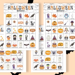 May include: Three rectangular Halloween Bingo game cards featuring a grid of colorful watercolor illustrations including pumpkins, ghosts, bats, skeletons, and text like Trick or Treat, Happy Halloween, and Boo. The cards have a white background.