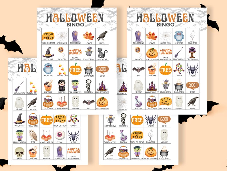 May include: Three rectangular Halloween Bingo game cards featuring a grid of colorful watercolor illustrations including pumpkins, ghosts, bats, skeletons, and text like Trick or Treat, Happy Halloween, and Boo. The cards have a white background.