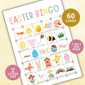 60 tarjetas de bingo de Pascua, juego de bingo imprimible de Pascua, actividad de Pascua para niños, adultos y personas mayores, juego de fiesta de Pascua, actividad de Pascua A4, carta