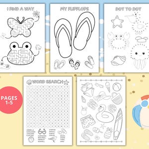May include: A collection of five black and white activity pages with a beach theme. The pages include mazes, dot-to-dot, a word search, and illustrations of beach items. A colorful beach ball is also shown.