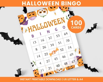 May include: A Halloween Bingo game card featuring a grid of numbers and a central candy graphic. The card is decorated with illustrations of jack-o'-lanterns, ghosts, and skulls. An orange circle in the corner displays the text 100 CARDS.