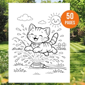 May include: Black and white line art illustration of a playful cat jumping through water from a sprinkler. The image includes a smiling sun, clouds, and the text "50 PAGES" in an orange circle.