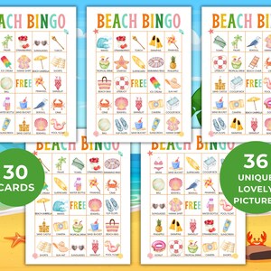 May include: Beach Bingo game cards with colorful illustrations of beach-themed items like swimsuits, seashells, and ice cream. The text "Beach Bingo" is at the top, with "30 Cards" and "36 Unique Lovely Pictures" on the cards.