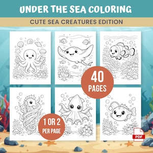 Może przedstawiać: Kolorowanka zatytułowana "Under the Sea Coloring: Cute Sea Creatures Edition". Okładka zawiera sześć czarno-białych ilustracji stworzeń morskich, w tym ośmiornicę, płaszczkę i błazenka. Książka zawiera 40 stron z 1 lub 2 ilustracjami na stronę.