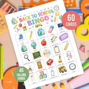 May include: A Back to School Bingo game sheet featuring a grid of colorful watercolor illustrations of school supplies like a globe, apple, and bus. The text reads Back to School Bingo, 60 Cards, and 45 Calling Cards, with labeled items.