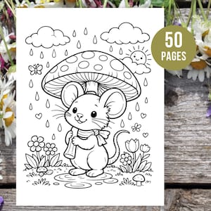 Peut inclure: Illustration en noir et blanc d'une souris sous un parapluie champignon sous la pluie. La souris porte une &eacute;charpe et est entour&eacute;e de fleurs, de papillons et de c&oelig;urs. L'image comprend le texte "50 PAGES" dans un cercle vert.