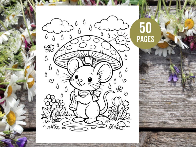 Peut inclure: Illustration en noir et blanc d'une souris sous un parapluie champignon sous la pluie. La souris porte une &eacute;charpe et est entour&eacute;e de fleurs, de papillons et de c&oelig;urs. L'image comprend le texte "50 PAGES" dans un cercle vert.