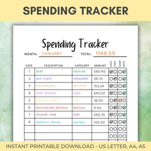 Spending Tracker, Printable Journal Page, Planner Page, Spending Log, Expense Tracker, Finance Tracker, Money Tracker, Money Spending