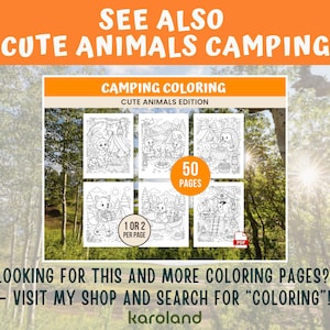 Peut inclure: Un livre de coloriage intitul&eacute; "Camping Coloring Cute Animals Edition" avec 50 pages. La couverture pr&eacute;sente plusieurs illustrations en noir et blanc d'animaux mignons en camping. Le texte "See Also Cute Animals Camping" est en haut.