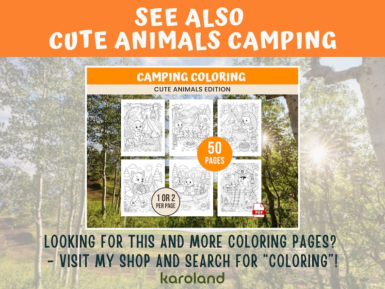 Peut inclure: Un livre de coloriage intitul&eacute; "Camping Coloring Cute Animals Edition" avec 50 pages. La couverture pr&eacute;sente plusieurs illustrations en noir et blanc d'animaux mignons en camping. Le texte "See Also Cute Animals Camping" est en haut.