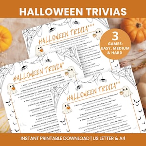 May include: Halloween trivia game sheets with a spooky theme. The printable game sheets feature a ghost, spiderwebs, and bats. The text on the sheets reads "Halloween Trivia" and includes trivia questions. The image also includes pumpkins.