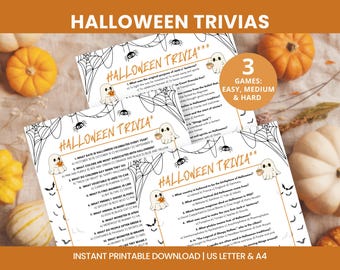 ハロウィントリビアゲームバンドル、印刷可能なハロウィンクイズ、ハロウィントリビアの質問、子供と大人向けのトリビア、ハロウィンアクティビティ、A4、USレター