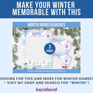 Pu&ograve; includere: Immagine promozionale per giochi di ricerca di parole a tema invernale. L'immagine presenta tre puzzle di ricerca di parole stampabili con grafica a tema invernale e il testo "WINTER WORD SEARCHES". L'immagine include anche il testo "MAKE YOUR WINTER MEMORABLE WITH THIS".