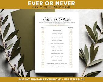 Juego imprimible para fiestas "Ever or Never" / Rompehielos divertido / Despedida de soltera, cumpleaños, fiesta de oficina / Descarga instantánea A4, Carta EE. UU.