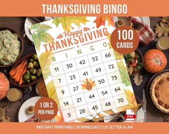 100 Thanksgiving Bingo Cards, Printable Thanksgiving Party Bingo, Thanksgiving Activity, Thanksgiving Game, Fall Party Game PDF, A4, Letter