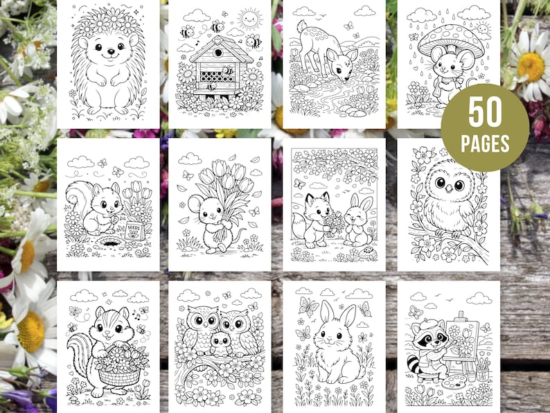 Peut inclure: Une collection de 10 pages &agrave; colorier en noir et blanc repr&eacute;sentant diverses cr&eacute;atures et sc&egrave;nes de la for&ecirc;t, dont un h&eacute;risson, des abeilles, un cerf, une souris, un &eacute;cureuil, un renard, un lapin, un hibou et un raton laveur. Les pages sont &eacute;tiquet&eacute;es "50 PAGES".