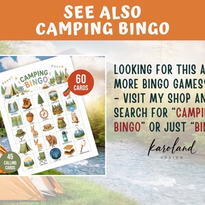 May include: A Camping Bingo game card with illustrations of camping gear, trees, and animals. The card has the text "Camping Bingo" and includes 60 cards. The image also includes the text "See Also Camping Bingo".