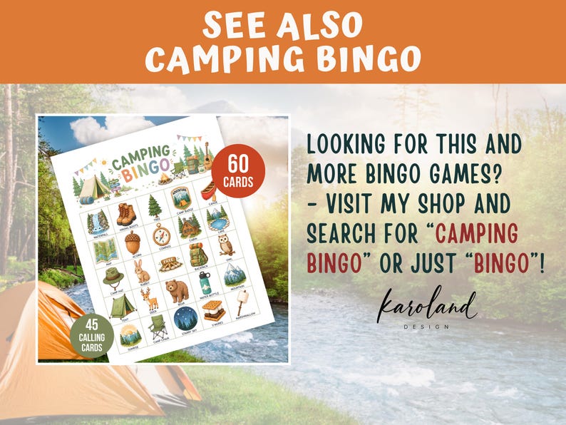 May include: A Camping Bingo game card with illustrations of camping gear, trees, and animals. The card has the text "Camping Bingo" and includes 60 cards. The image also includes the text "See Also Camping Bingo".